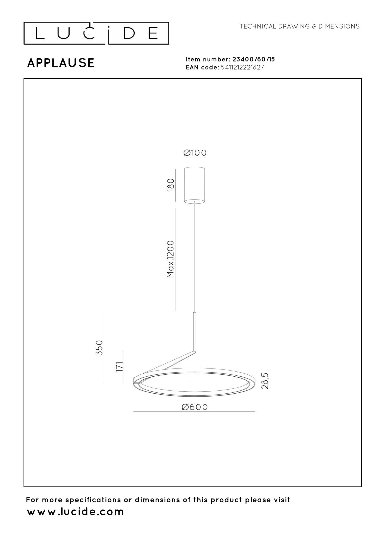 Lucide APPLAUSE - Hanglamp - Ø 60 cm - LED Dimb. - CCT - 1x32W 2700K/4000K - Handbewegingssensor - Grijs ijzer | Premium - KwaliteitWonen.nl