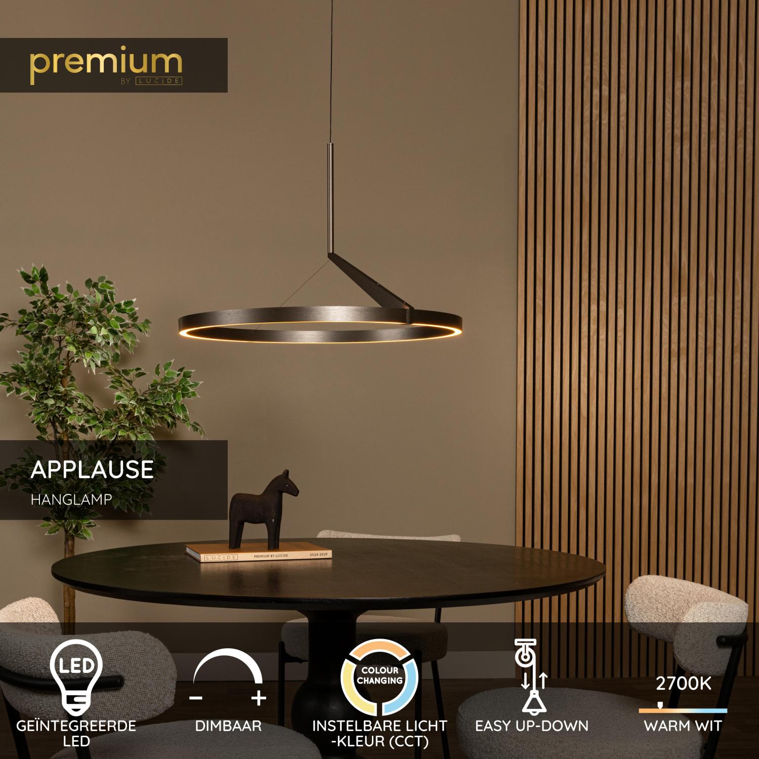 Lucide APPLAUSE - Hanglamp - Ø 60 cm - LED Dimb. - CCT - 1x32W 2700K/4000K - Handbewegingssensor - Grijs ijzer | Premium - KwaliteitWonen.nl