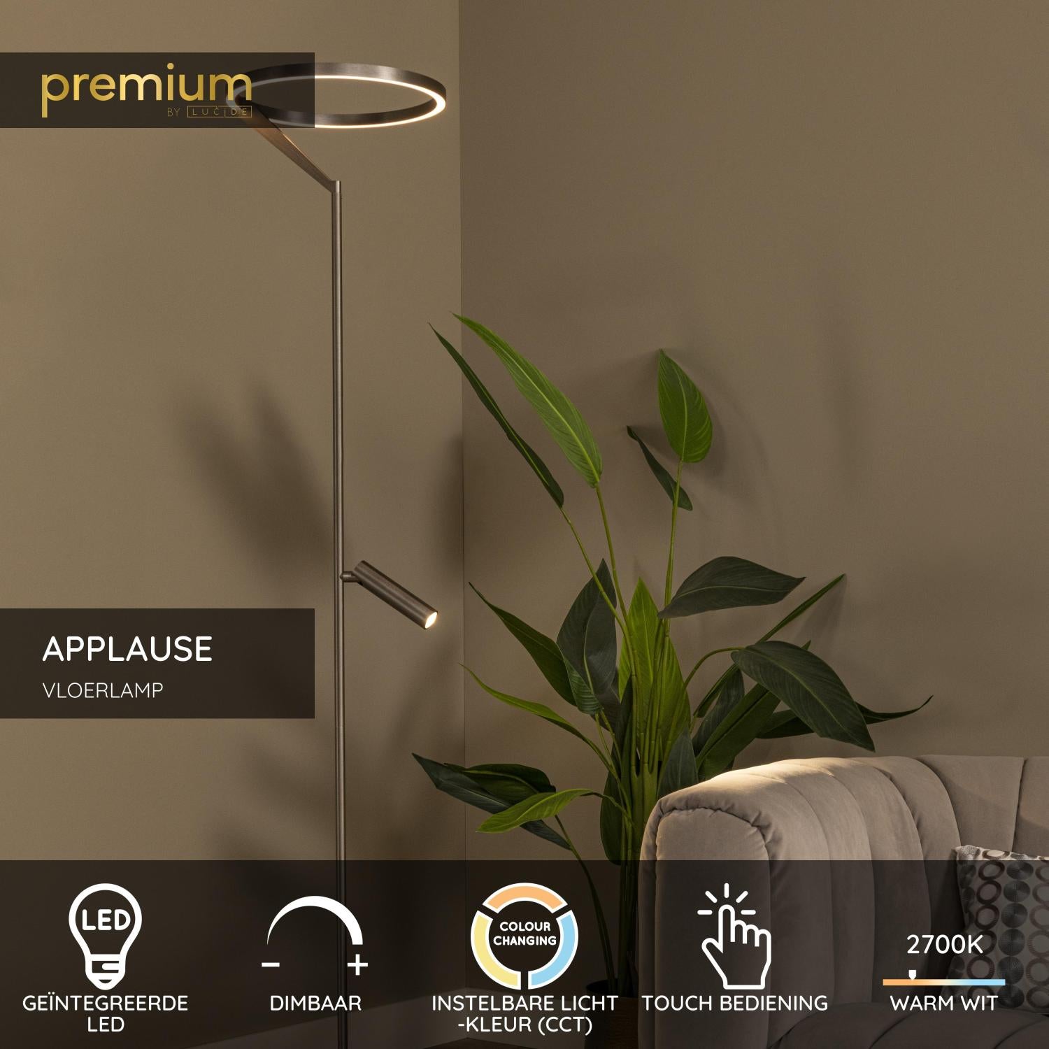 Lucide APPLAUSE - Vloerlamp - Ø 33 cm - LED Dimb. - CCT - 2700K/4000K - Grijs ijzer | Premium - KwaliteitWonen.nl