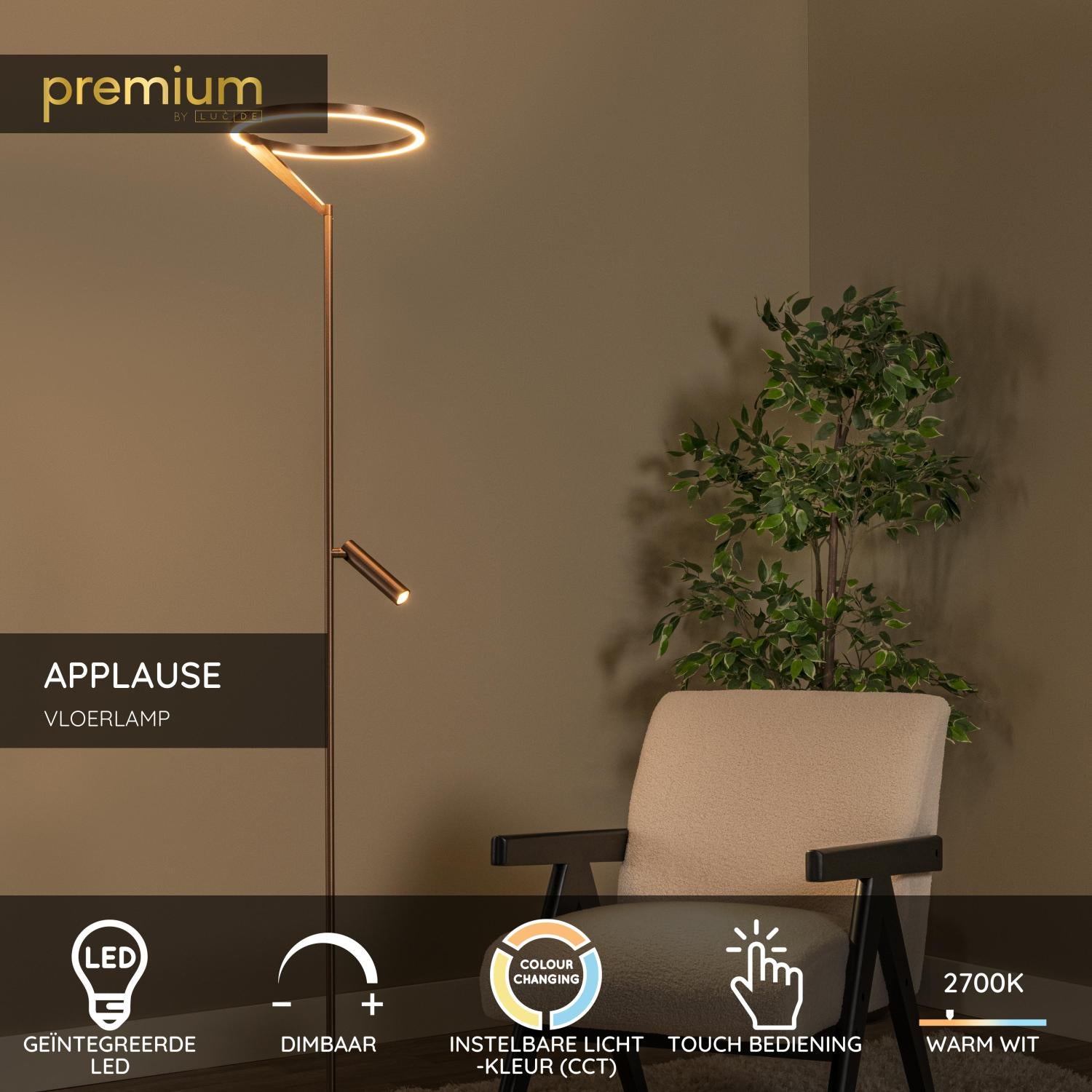 Lucide APPLAUSE - Vloerlamp - Ø 33 cm - LED Dimb. - CCT - 2700K/4000K - Koffie | Premium - KwaliteitWonen.nl