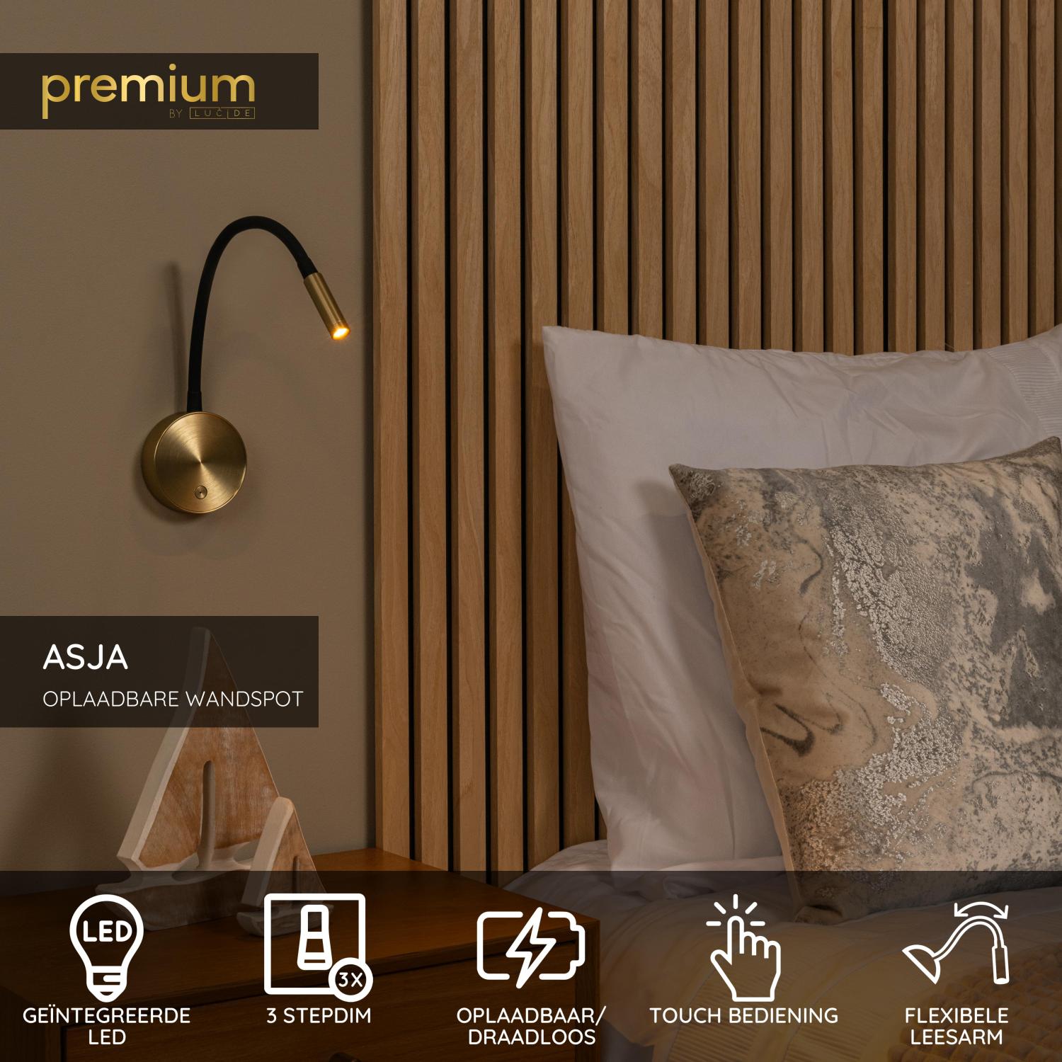 Lucide ASJA - Oplaadbare Wandspot / Wandlamp - Accu/Batterij - LED 3 StepDim - 1x3W 2700K - Mat Goud / Messing | Premium - KwaliteitWonen.nl