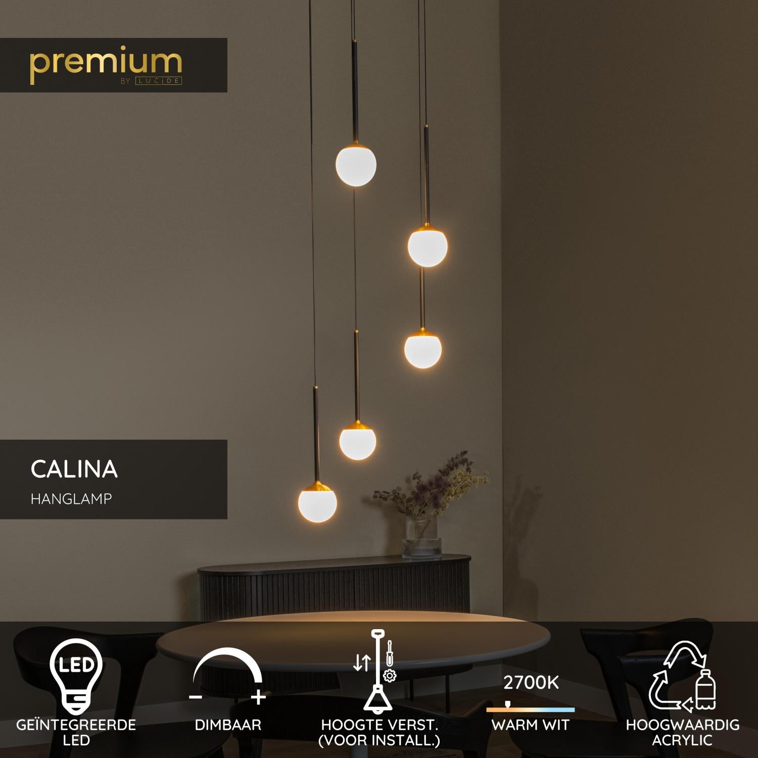 Lucide CALINA - Hanglamp - Ø 42 cm - LED Dimb. - 5x8,2W 2700K - Zwart | Premium - KwaliteitWonen.nl