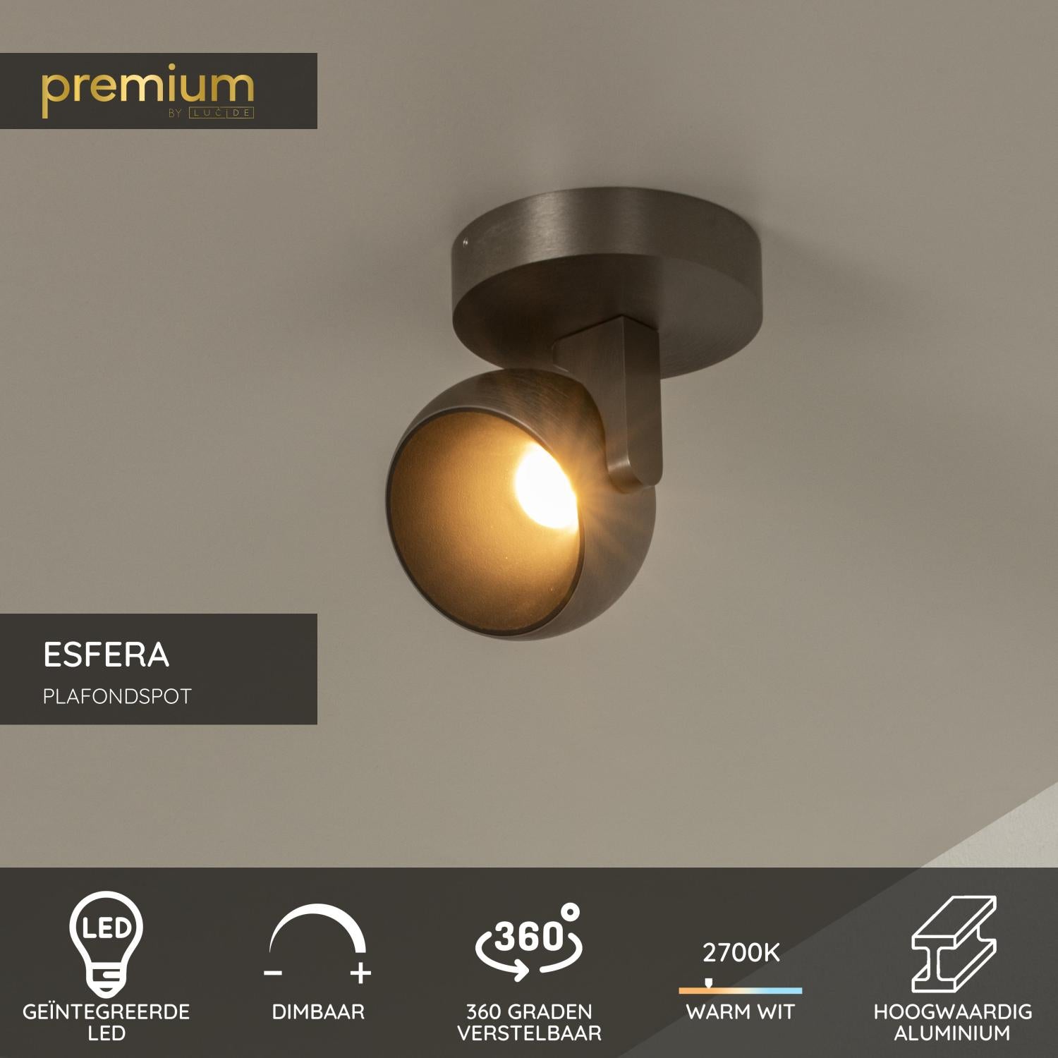Lucide ESFERA - Plafondspot - Ø 11,2 cm - LED Dimb. - 1x11W 2700K - Grijs ijzer | Premium - KwaliteitWonen.nl