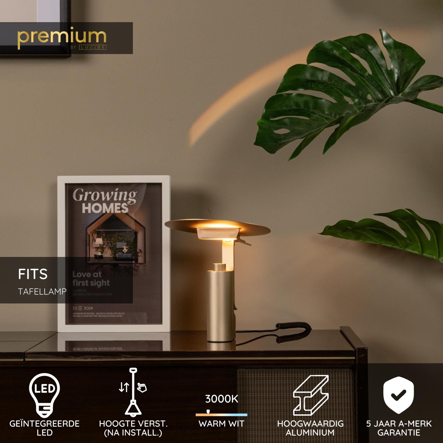 Lucide FITS - Tafellamp - Ø 20 cm - LED - 1x7W 3000K - Mat Goud / Messing | Premium - KwaliteitWonen.nl