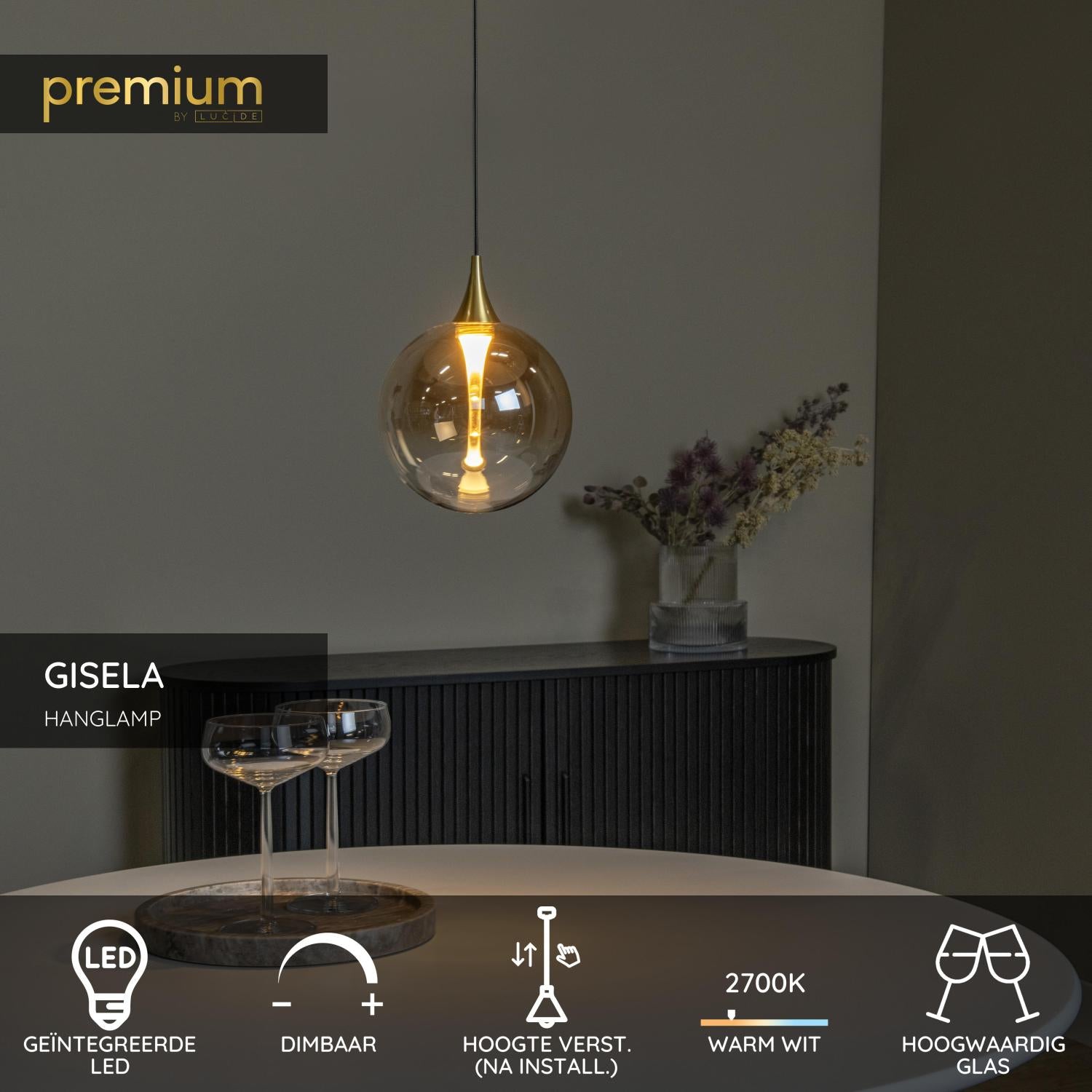 Lucide GISELA - Hanglamp - Ø 16 cm - LED Dimb. - 1x5W 2700K - Amber | Premium - KwaliteitWonen.nl