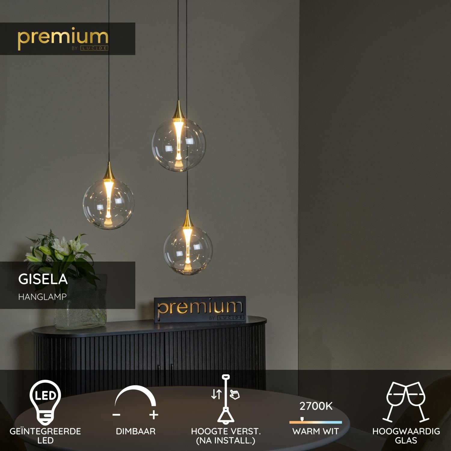 Lucide GISELA - Hanglamp - Ø 36 cm - LED Dimb. - 3x4,3W 2700K - Transparant | Premium - KwaliteitWonen.nl