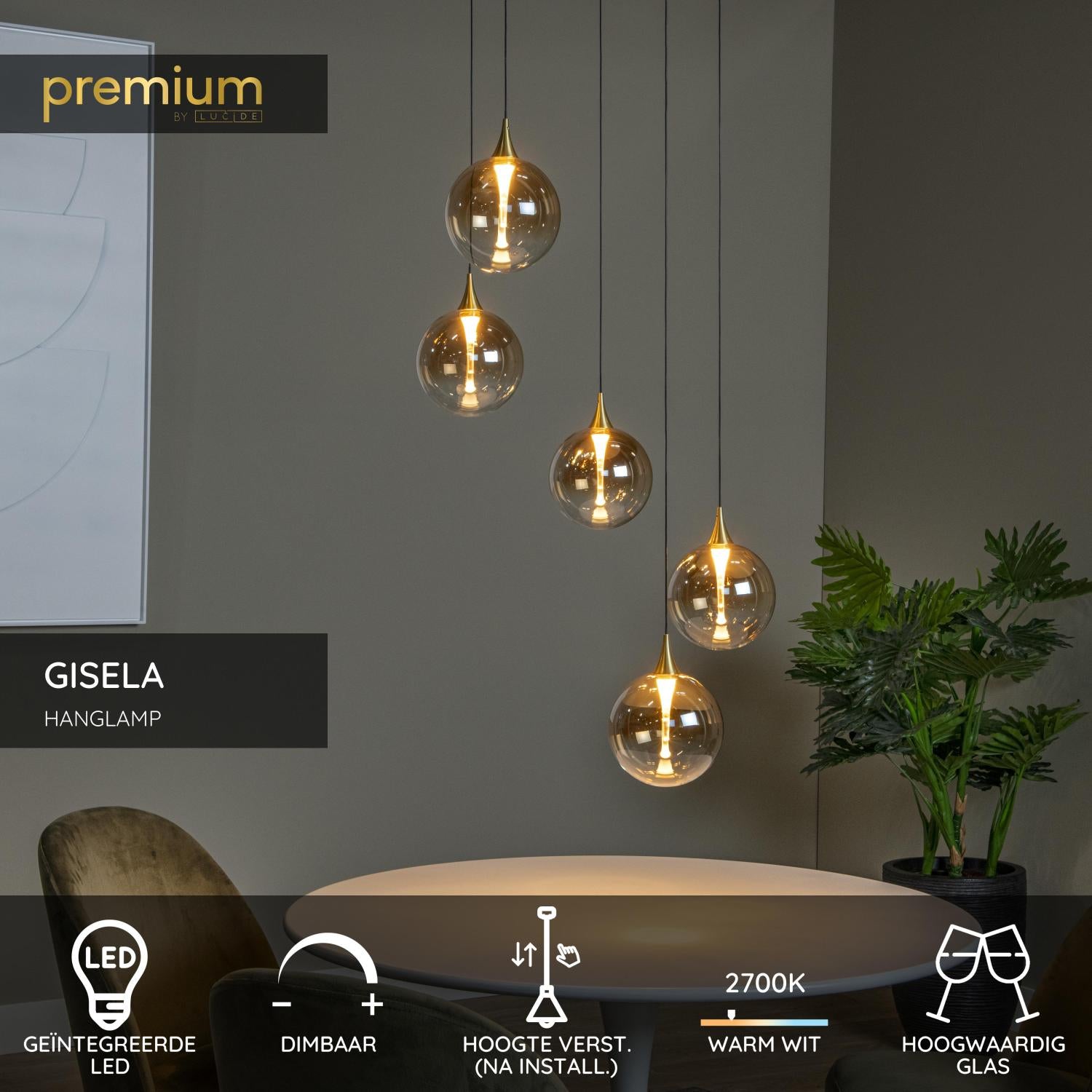 Lucide GISELA - Hanglamp - Ø 48 cm - LED Dimb. - 5x3,8W 2700K - Amber | Premium - KwaliteitWonen.nl