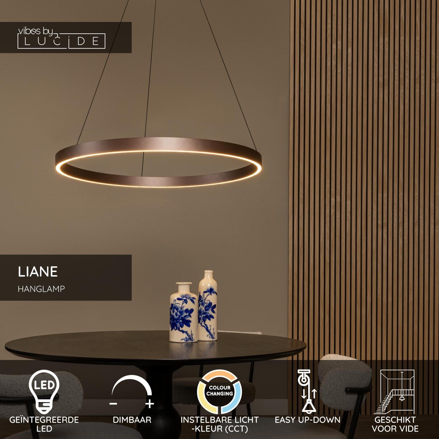 Lucide LIANE - Hanglamp - Ø 80 cm - LED Dimb. - CCT - 2x36W 2700K/4000K - Geschikt voor vide en hoge plafonds - Roest bruin | Vibes - KwaliteitWonen.nl