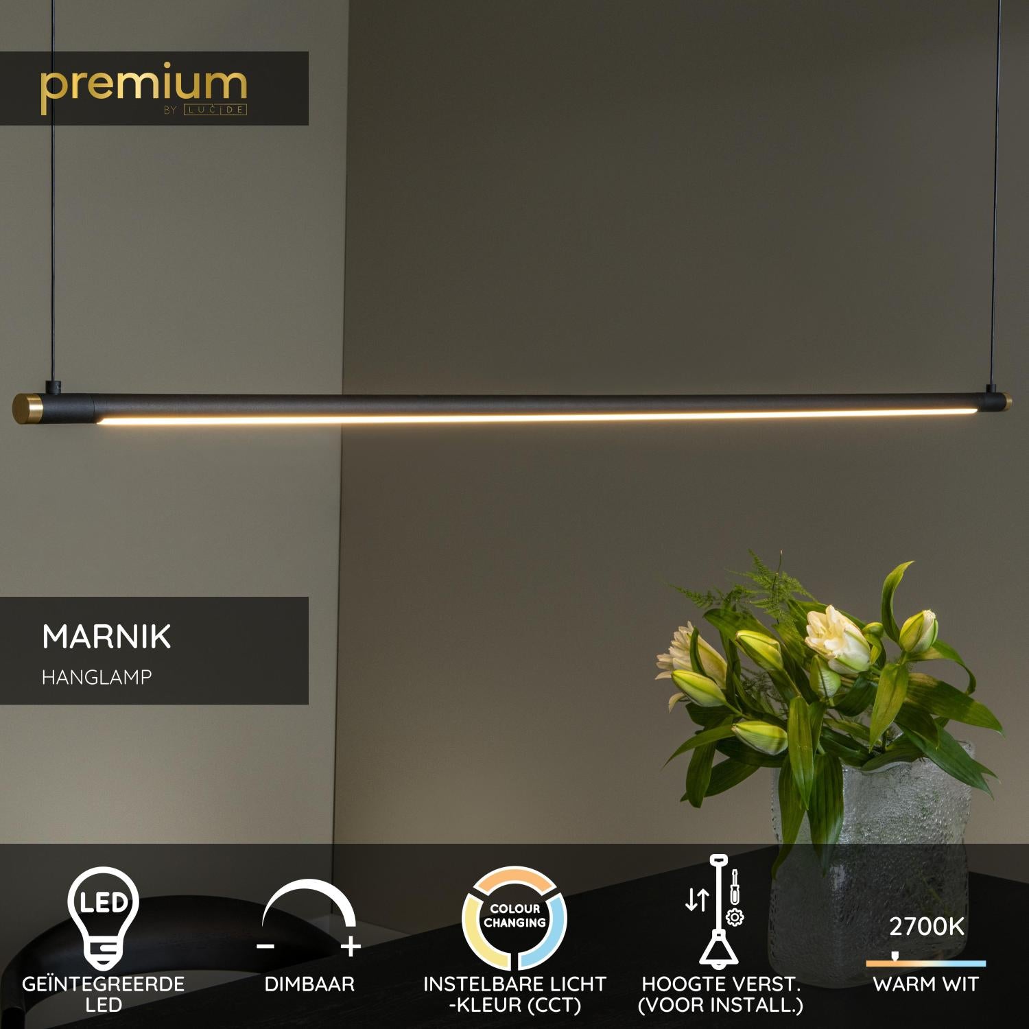 Lucide MARNIK - Hanglamp - Ø 2,5 cm - LED Dimb. - CCT - 1x22W 2700K/4000K - Handbewegingssensor - Zwart | Premium - KwaliteitWonen.nl