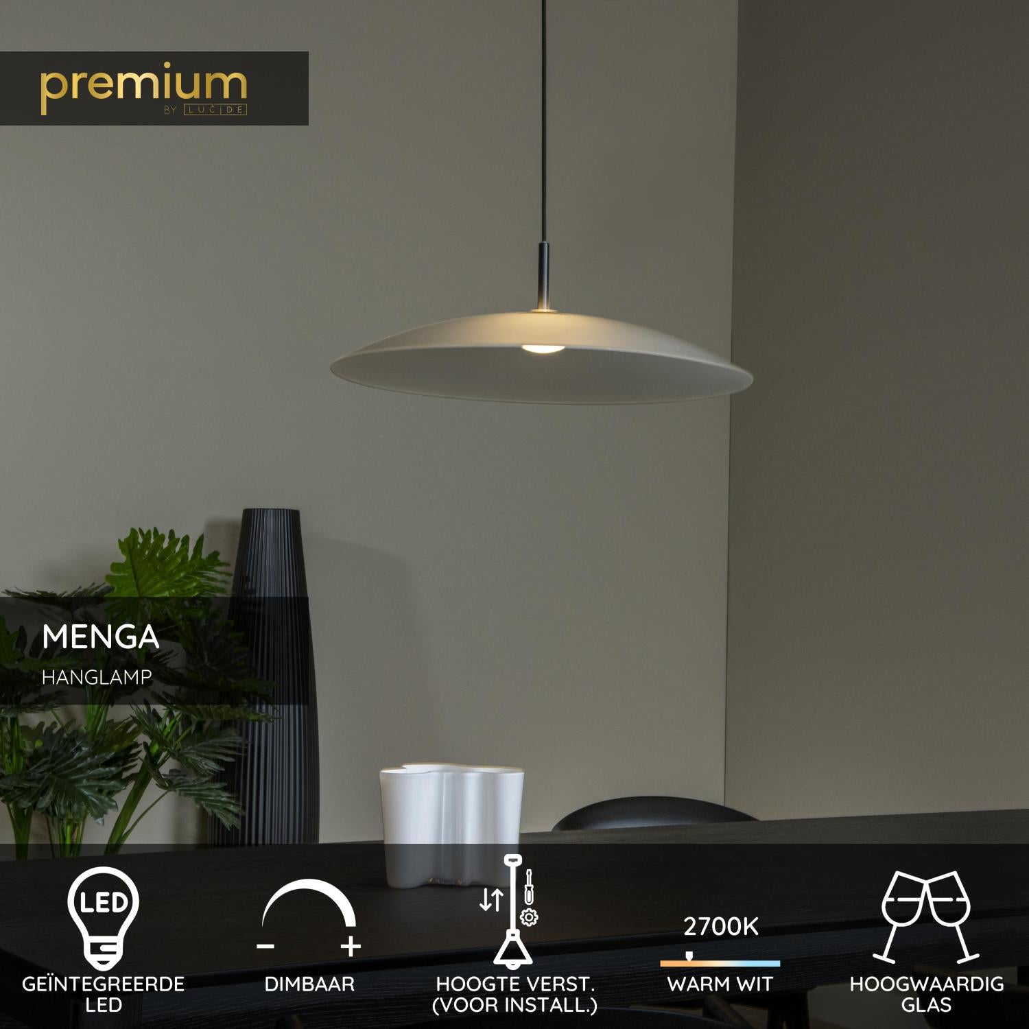 Lucide MENGA - Hanglamp - Ø 60 cm - LED Dimb. - 1x18,6W 2700K - Opaal | Premium - KwaliteitWonen.nl