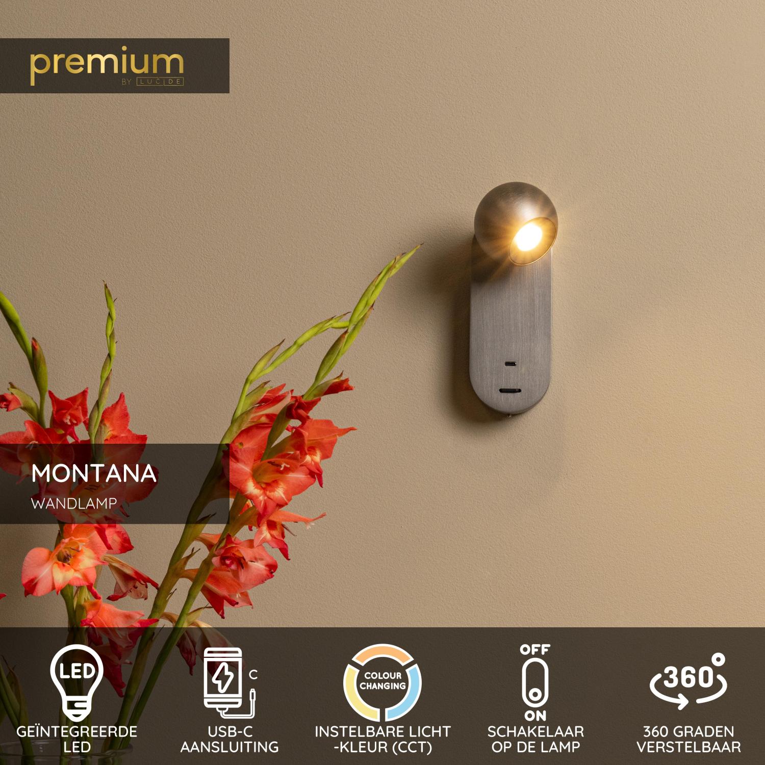 Lucide MONTANA - Wandlamp - LED - CCT - 1x6,3W 2700K/4000K - Met USB oplaadpunt - Grijs ijzer | Premium - KwaliteitWonen.nl