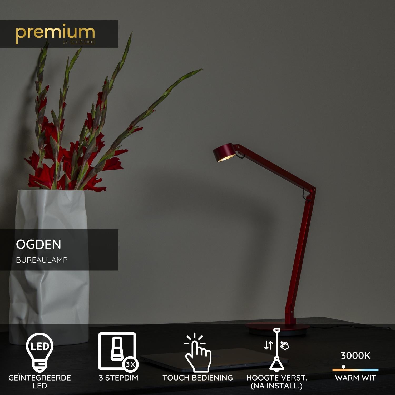 Lucide OGDEN - Bureaulamp - LED 3 StepDim - 1x7W 3000K - Rood | Premium - KwaliteitWonen.nl
