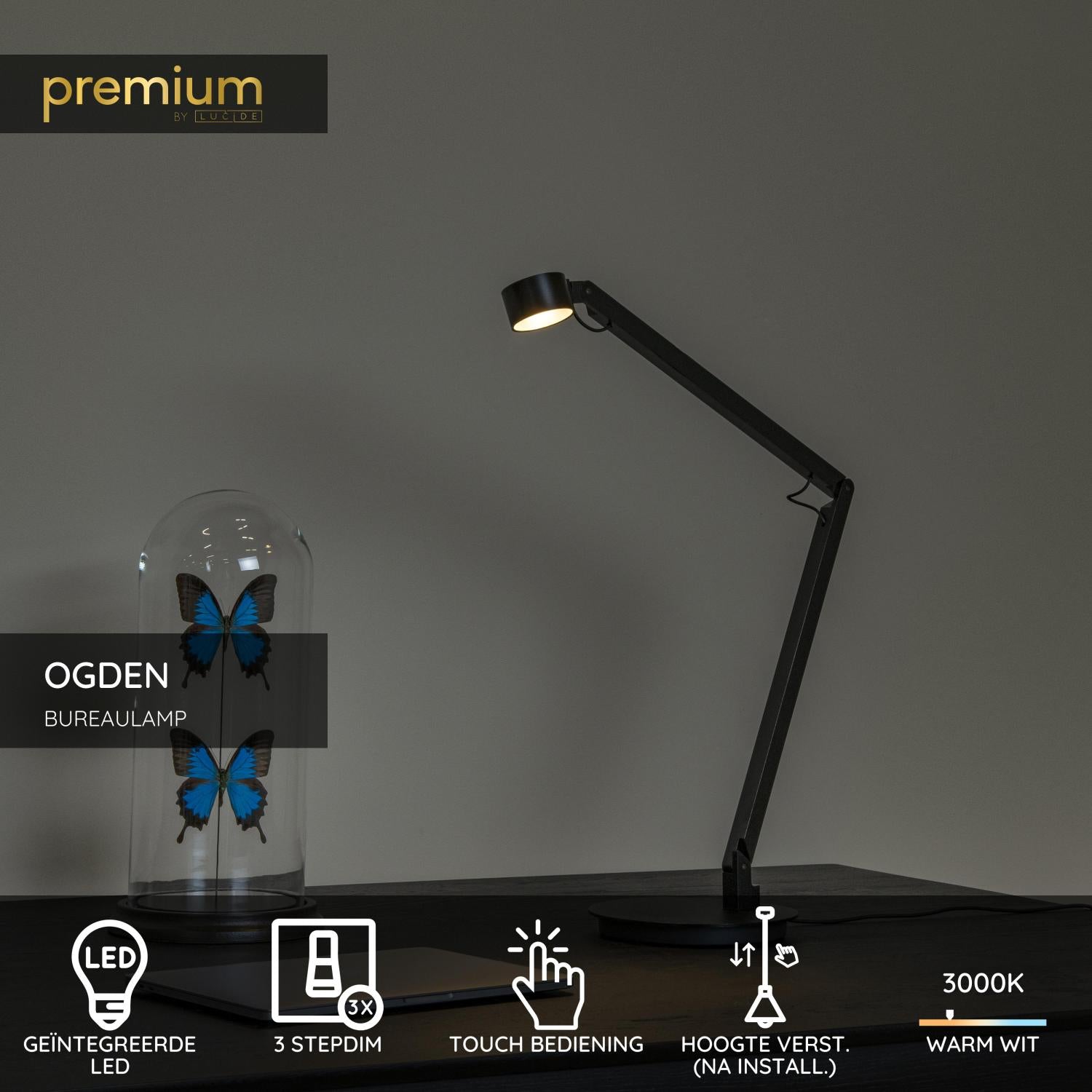 Lucide OGDEN - Bureaulamp - LED 3 StepDim - 1x7W 3000K - Zwart | Premium - KwaliteitWonen.nl