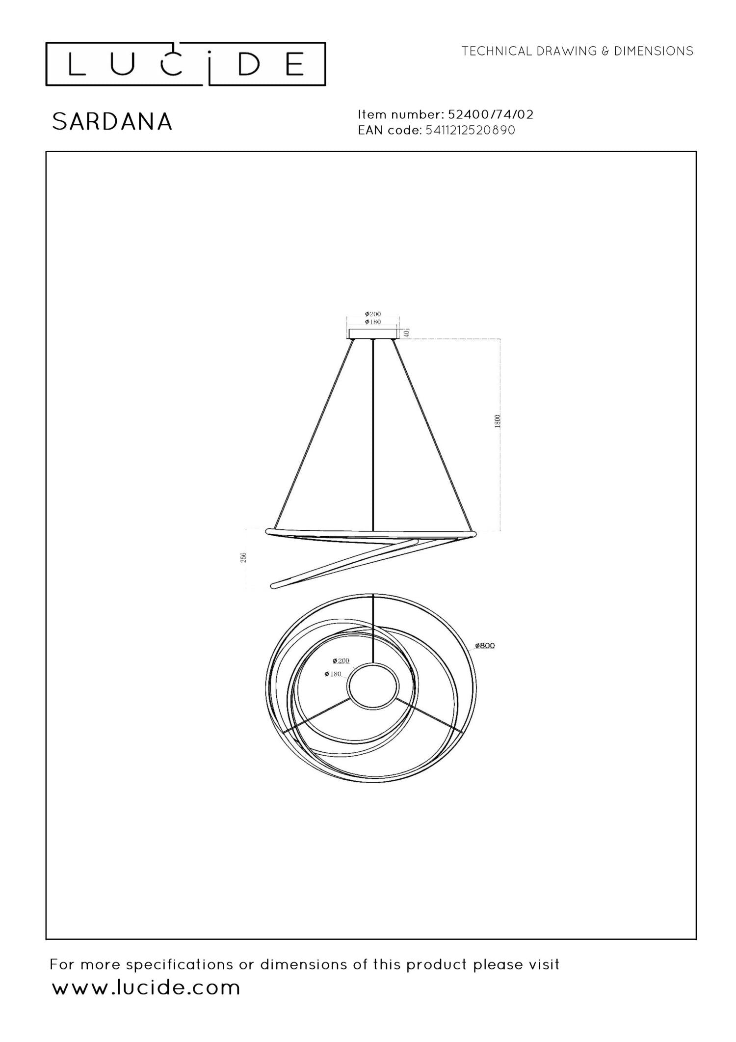 Lucide SARDANA - Hanglamp - Ø 80 cm - LED Dimb. - 1x74W 2700K - Mat Goud / Messing | Premium - KwaliteitWonen.nl