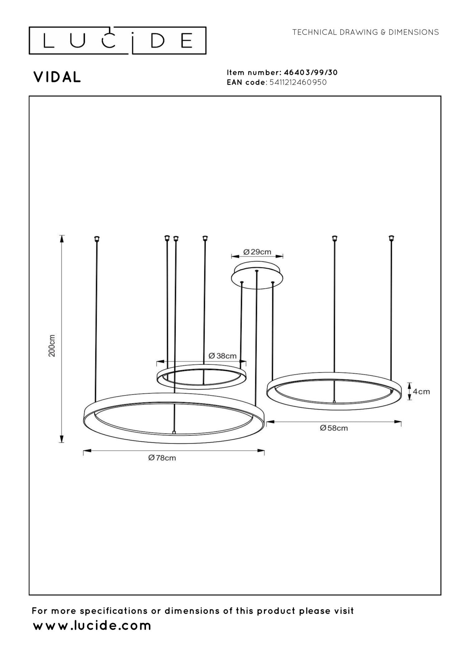 Lucide VIDAL - Hanglamp - Ø 78 cm - LED Dimb. - 1x120W 2700K - Zwart | Premium - KwaliteitWonen.nl