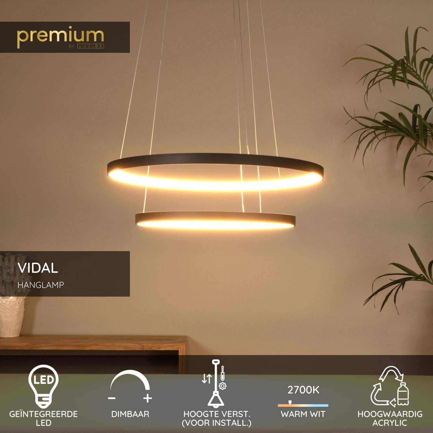 Lucide VIDAL - Hanglamp - Ø 78 cm - LED Dimb. - 1x92W 2700K - Zwart | Premium - KwaliteitWonen.nl