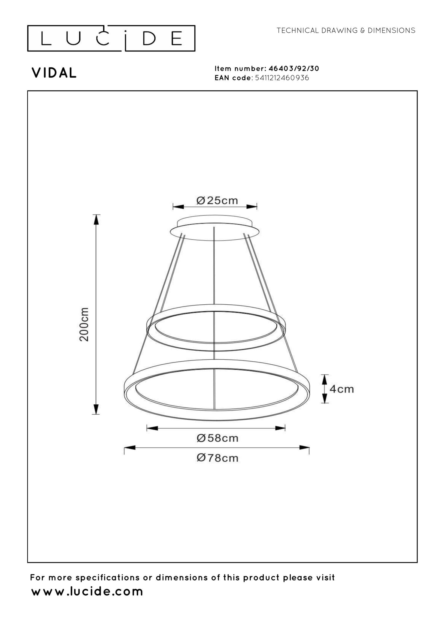 Lucide VIDAL - Hanglamp - Ø 78 cm - LED Dimb. - 1x92W 2700K - Zwart | Premium - KwaliteitWonen.nl