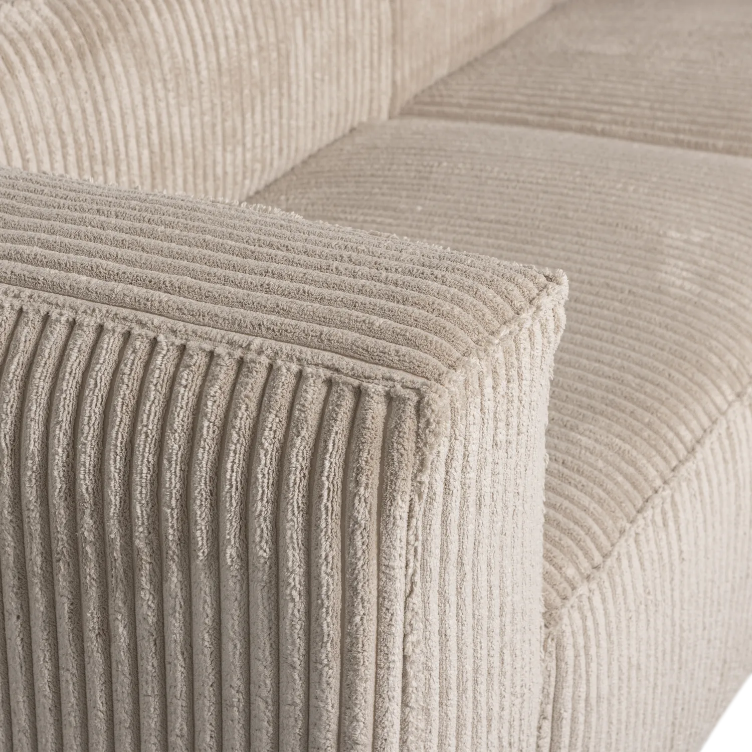 Woood Bean Hoekbank 2-zits Bank + Chaise Longue Rechts Ribstof Travertin - KwaliteitWonen.nl