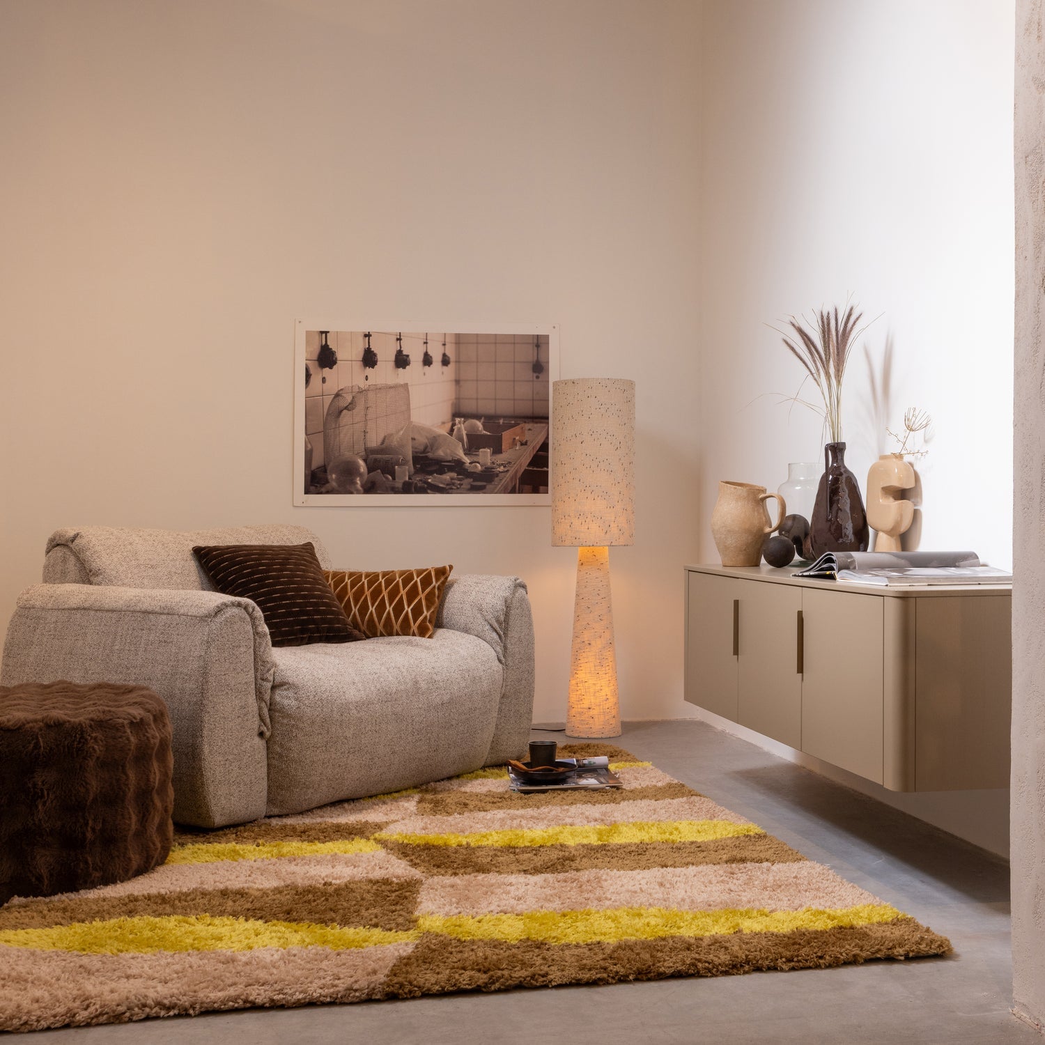Woood Loft Vloerlamp Metaal/Boucle Naturel Met Stippen 130x O30 Cm - KwaliteitWonen.nl