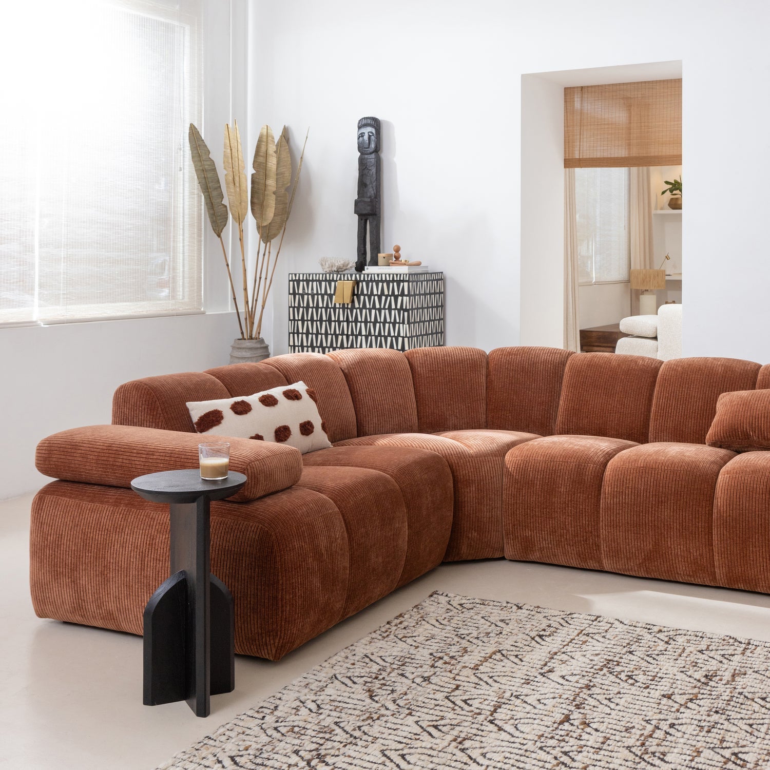 Woood Mojo Hoekbank Links Ribstof Roestbruin - KwaliteitWonen.nl