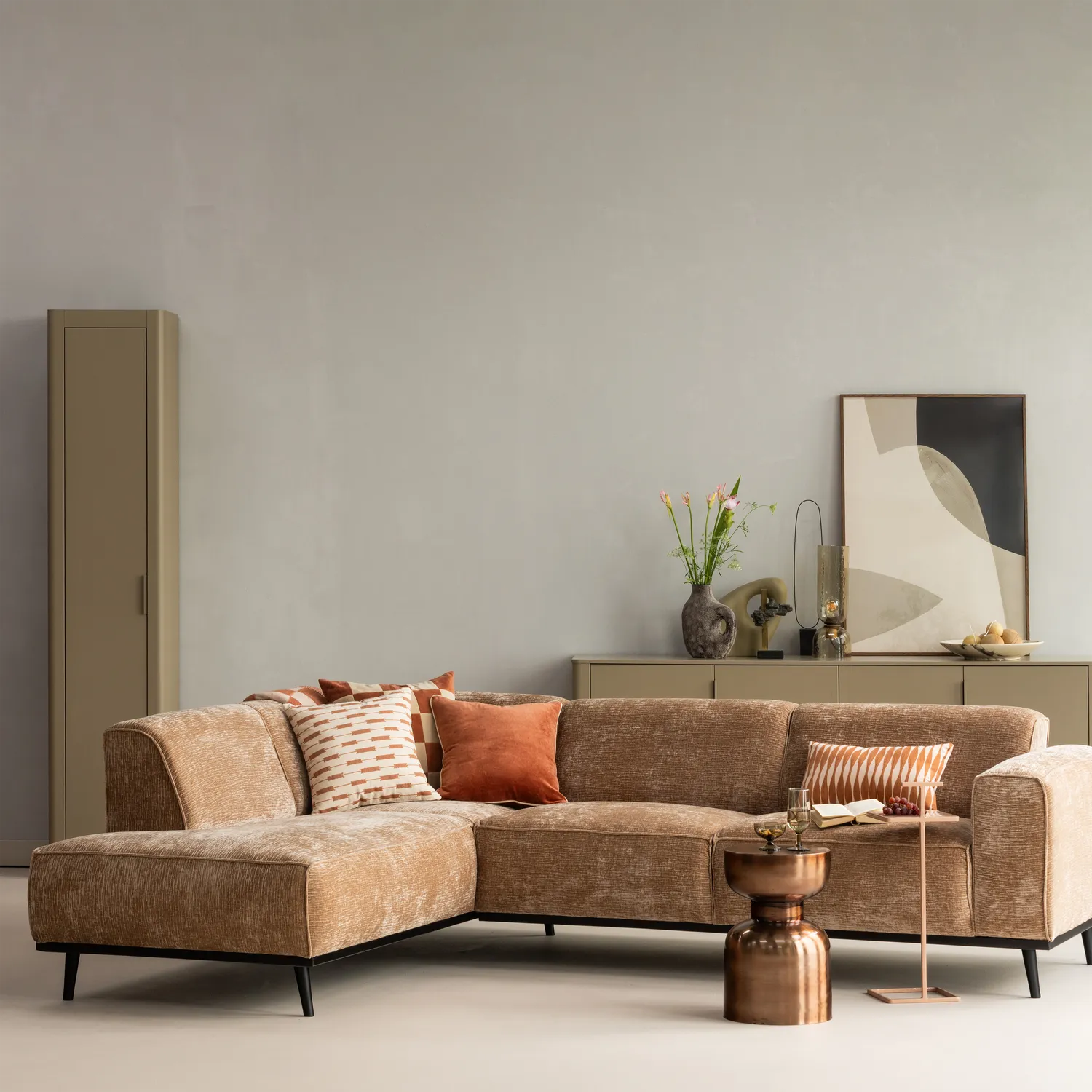 Woood Statement Hoekbank Links Chenille Velvet Taupe - KwaliteitWonen.nl