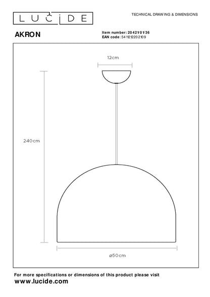 Lucide AKRON - Hanglamp - Ø 50 cm - 1xE27 - Geschikt voor vide en hoge plafonds - Grijs | Premium - KwaliteitWonen.nl