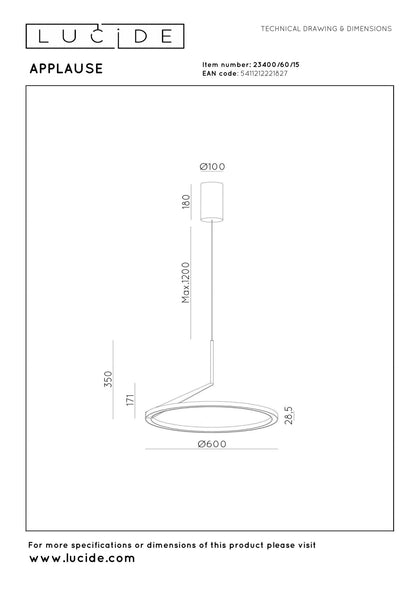 Lucide APPLAUSE - Hanglamp - Ø 60 cm - LED Dimb. - CCT - 1x32W 2700K/4000K - Handbewegingssensor - Grijs ijzer | Premium - KwaliteitWonen.nl
