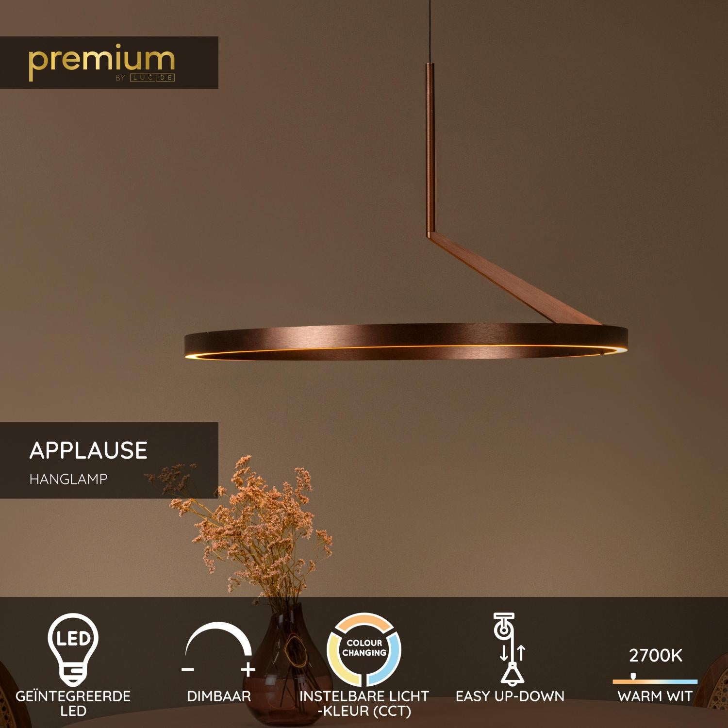 Lucide APPLAUSE - Hanglamp - Ø 60 cm - LED Dimb. - CCT - 1x32W 2700K/4000K - Handbewegingssensor - Koffie | Premium - KwaliteitWonen.nl