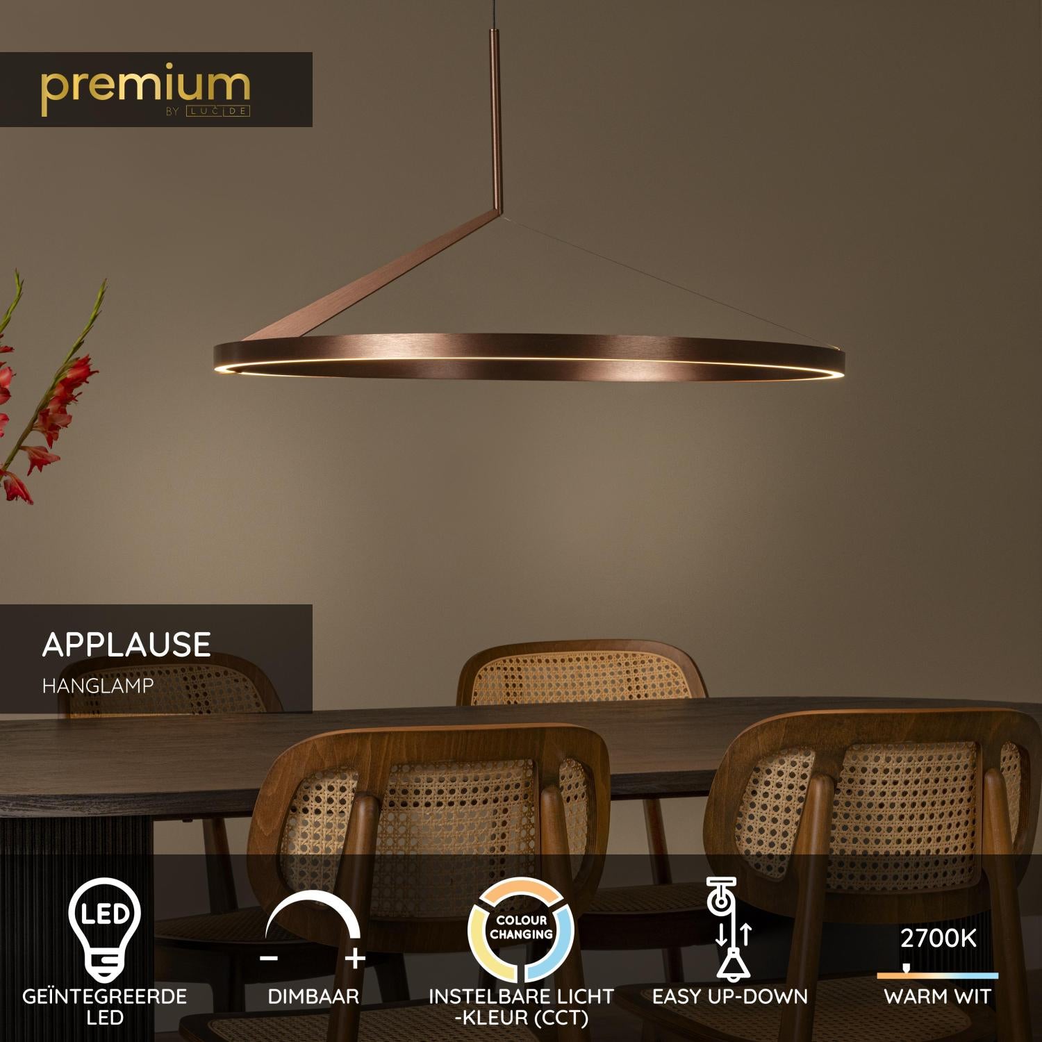 Lucide APPLAUSE - Hanglamp - Ø 80 cm - LED Dimb. - CCT - 1x50W 2700K/4000K - Handbewegingssensor - Koffie | Premium - KwaliteitWonen.nl