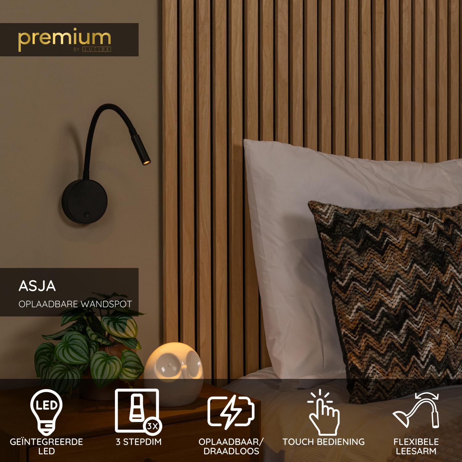 Lucide ASJA - Oplaadbare Wandspot / Wandlamp - Accu/Batterij - LED 3 StepDim - 1x3W 2700K - Zwart | Premium - KwaliteitWonen.nl
