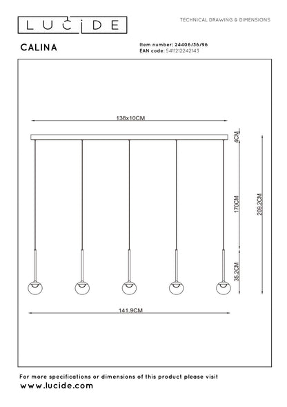 Lucide CALINA - Hanglamp - LED Dimb. - CCT - 5x8,2W 2200K/3300K - Met vervangbare LED-module - Koffie | Premium - KwaliteitWonen.nl