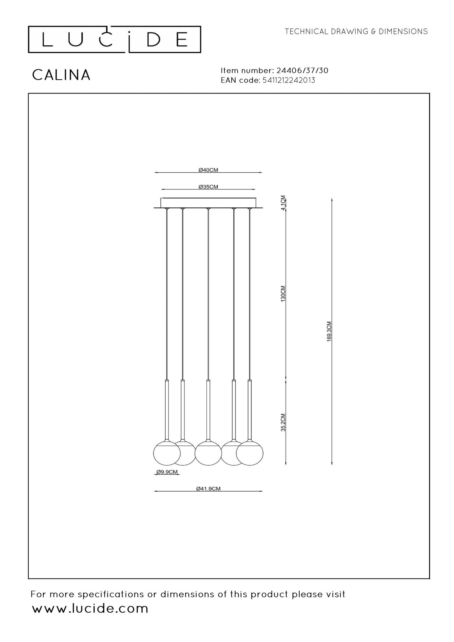 Lucide CALINA - Hanglamp - Ø 41,9 cm - LED Dimb. - CCT - 5x7,4W 2200K/3300K - Met vervangbare LED-module - Zwart | Premium - KwaliteitWonen.nl