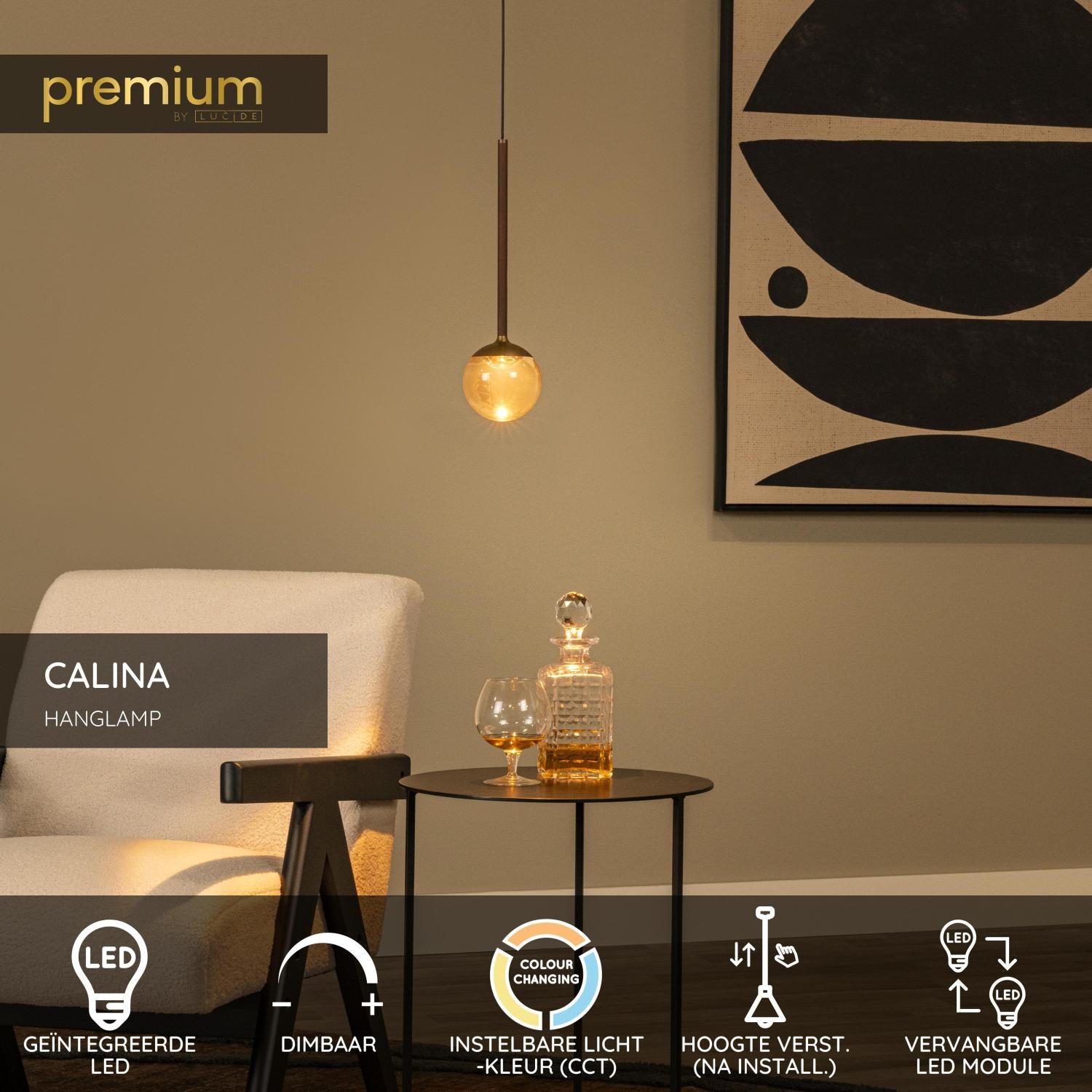 Lucide CALINA - Hanglamp - Ø 9,9 cm - LED Dimb. - CCT - 1x7W 2200K/3300K - Met vervangbare LED-module - Koffie | Premium - KwaliteitWonen.nl