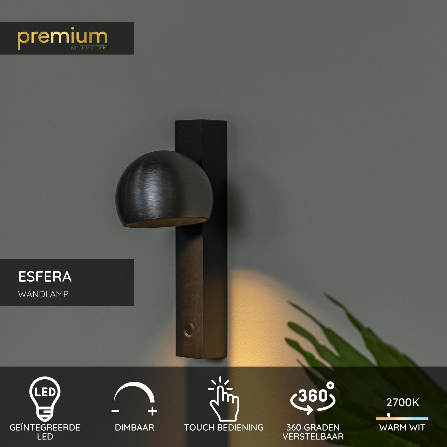 Lucide ESFERA - Wandlamp - LED Dimb. - 1x9W 2700K - Grijs ijzer | Premium - KwaliteitWonen.nl