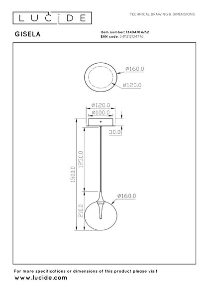 Lucide GISELA - Hanglamp - Ø 16 cm - LED Dimb. - 1x5W 2700K - Amber | Premium - KwaliteitWonen.nl
