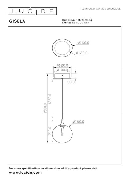 Lucide GISELA - Hanglamp - Ø 16 cm - LED Dimb. - 1x5W 2700K - Transparant | Premium - KwaliteitWonen.nl