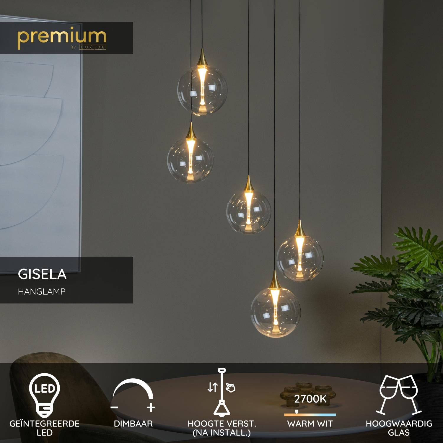 Lucide GISELA - Hanglamp - Ø 48 cm - LED Dimb. - 5x3,8W 2700K - Transparant | Premium - KwaliteitWonen.nl