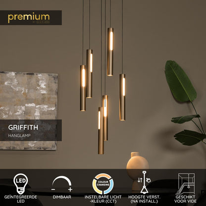 Lucide GRIFFITH - Hanglamp - Ø 38 cm - LED Dimb. - CCT - 6x6W 2700K/4000K - Geschikt voor vide en hoge plafonds - Brons | Premium - KwaliteitWonen.nl