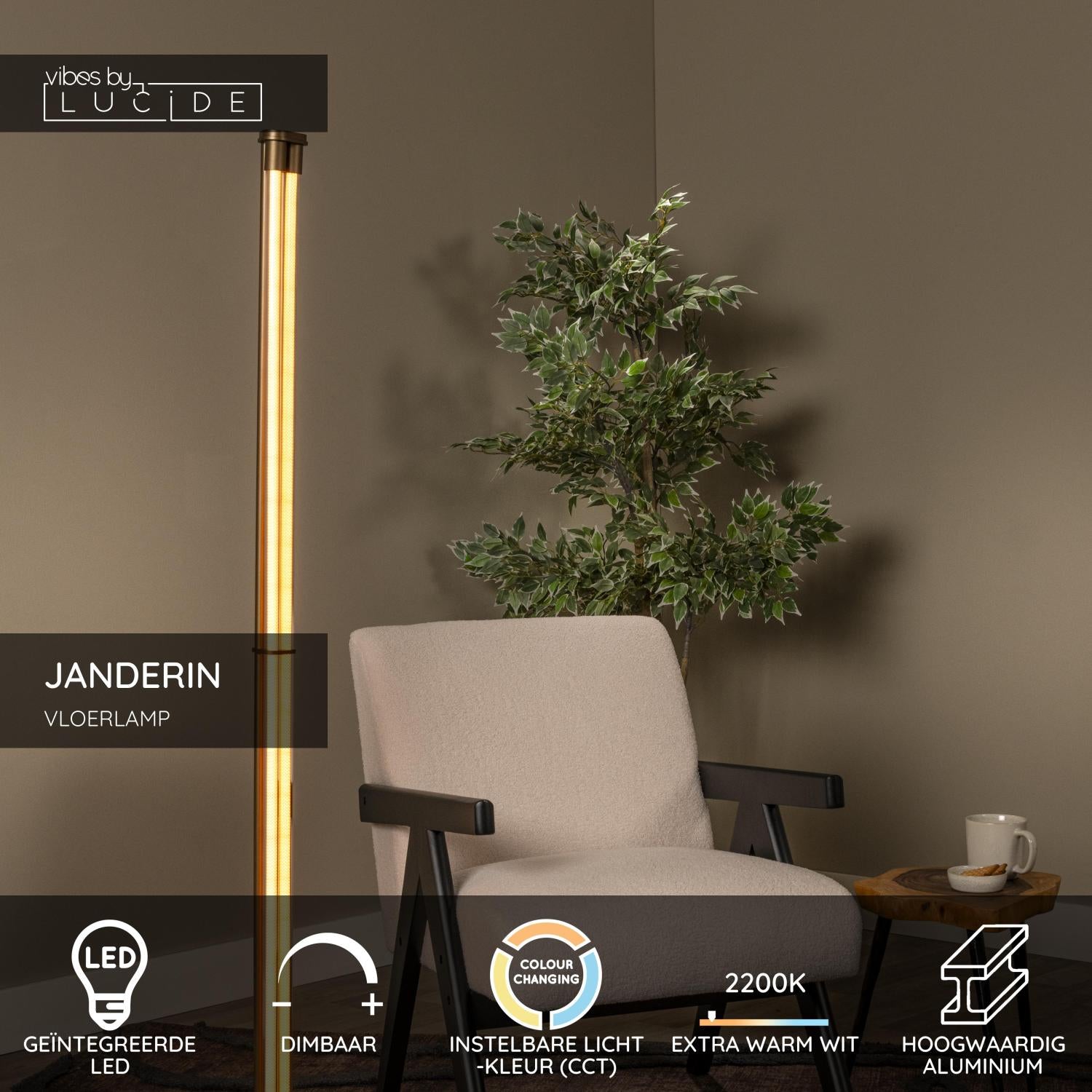 Lucide JANDERIN - Vloerlamp - LED Dimb. - CCT - 2x17W 2200K/3300K - Handbewegingssensor - Champagne kleur | Vibes - KwaliteitWonen.nl