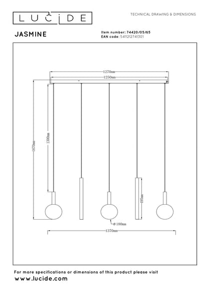 Lucide JASMINE - Hanglamp - LED Dimb. - CCT - 5x4W 2200K/3300K - Koper | Premium - KwaliteitWonen.nl