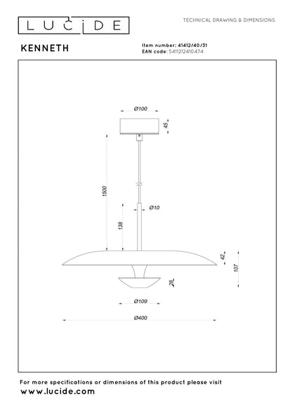 Lucide KENNETH - Hanglamp - Ø 40 cm - LED Dimb. - 1x12W 2700K - Wit | Premium - KwaliteitWonen.nl