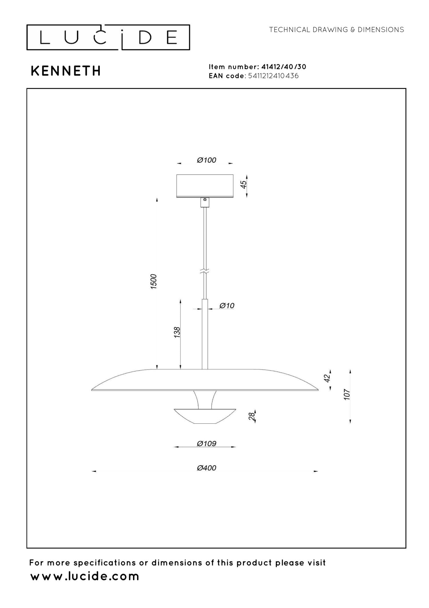 Lucide KENNETH - Hanglamp - Ø 40 cm - LED Dimb. - 1x12W 2700K - Zwart | Premium - KwaliteitWonen.nl