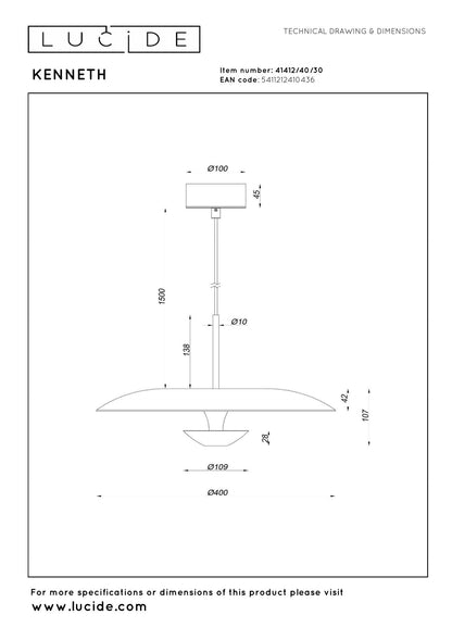 Lucide KENNETH - Hanglamp - Ø 40 cm - LED Dimb. - 1x12W 2700K - Zwart | Premium - KwaliteitWonen.nl