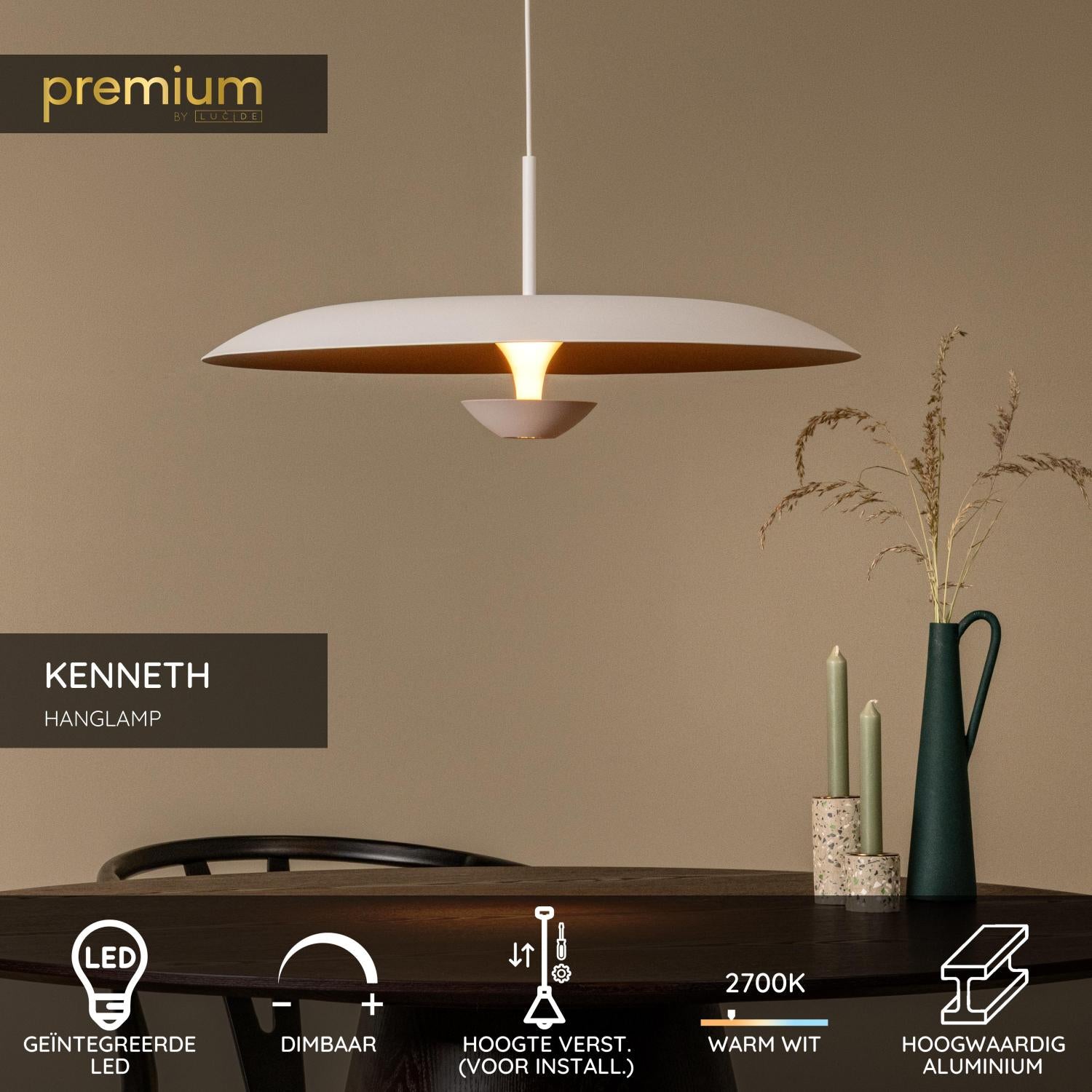 Lucide KENNETH - Hanglamp - Ø 60 cm - LED Dimb. - 1x16W 2700K - Wit | Premium - KwaliteitWonen.nl