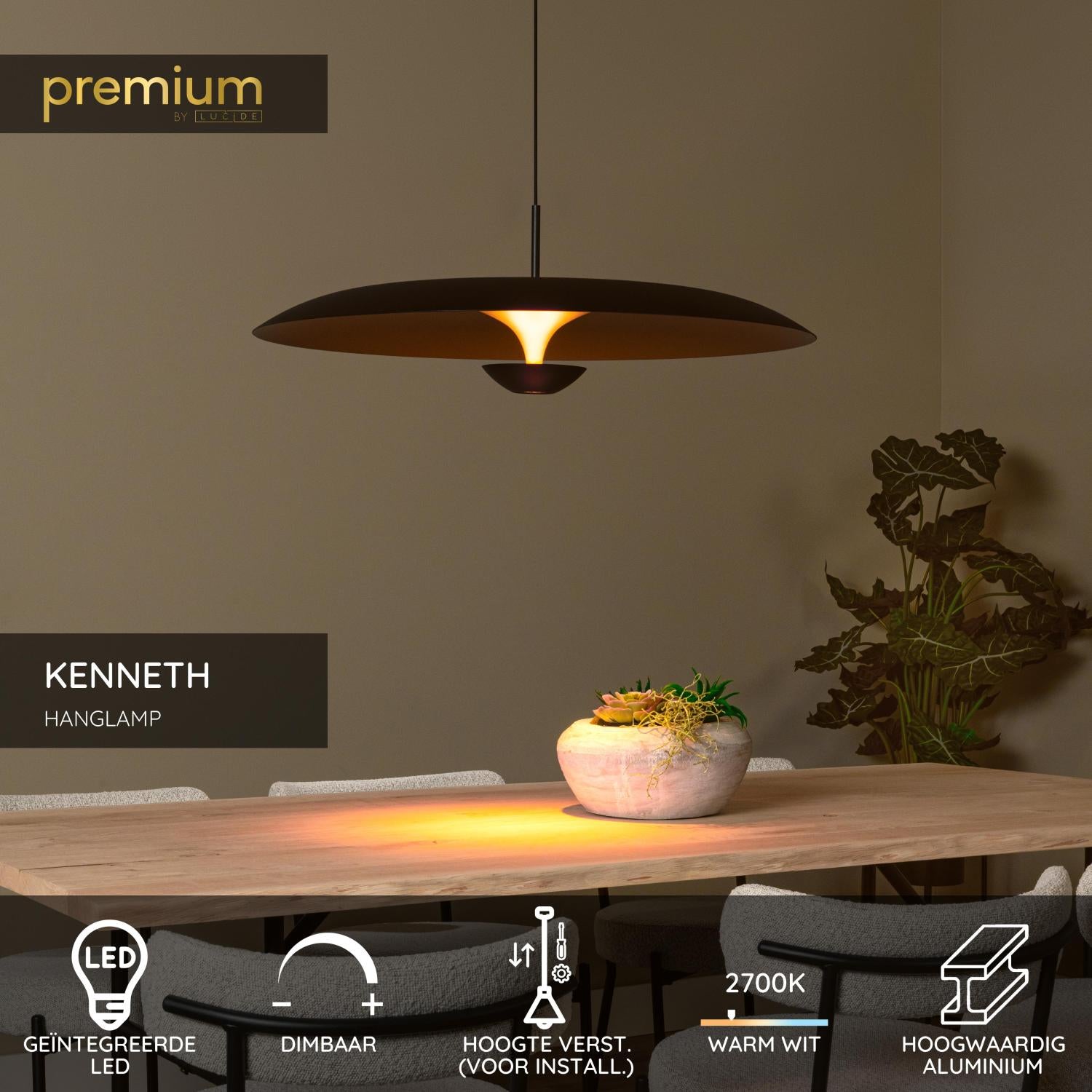 Lucide KENNETH - Hanglamp - Ø 80 cm - LED Dimb. - 1x22W 2700K - Zwart | Premium - KwaliteitWonen.nl
