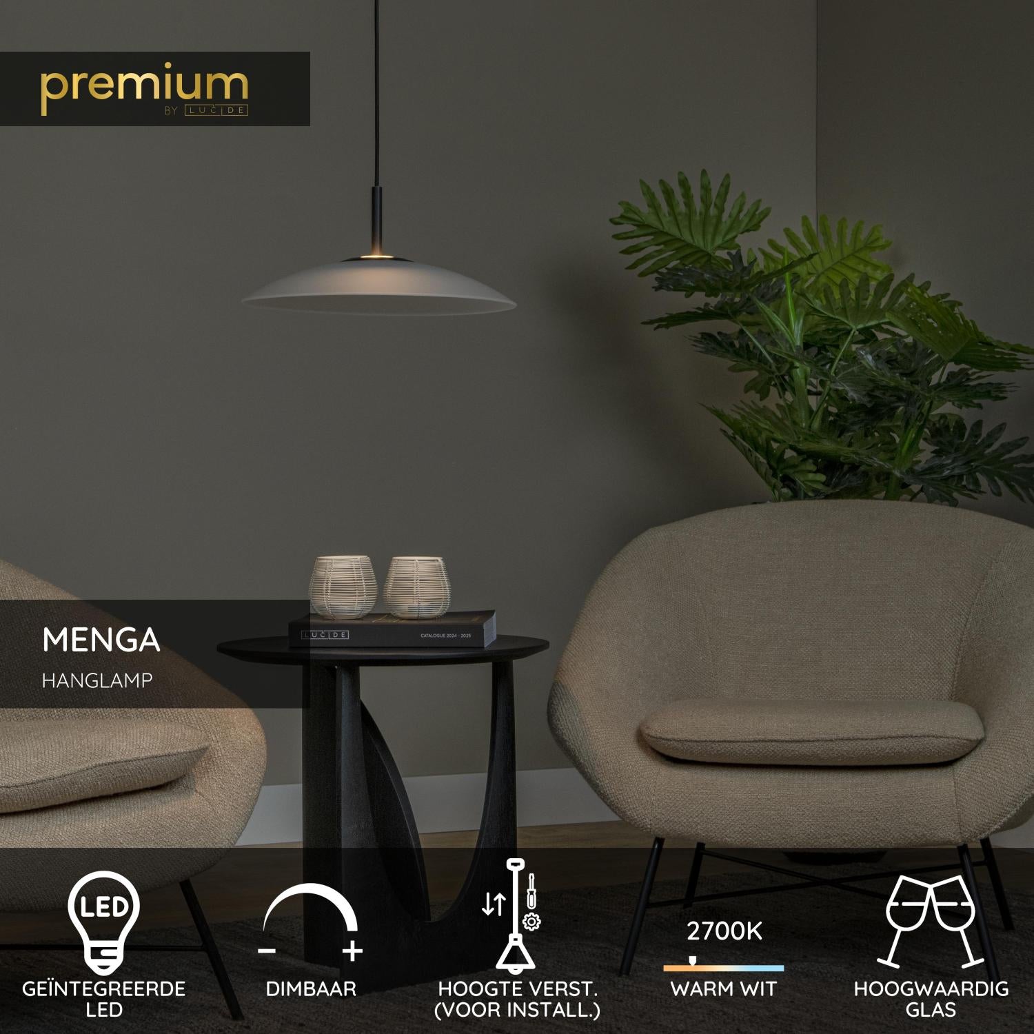 Lucide MENGA - Hanglamp - Ø 40 cm - LED Dimb. - 1x11W 2700K - Opaal | Premium - KwaliteitWonen.nl