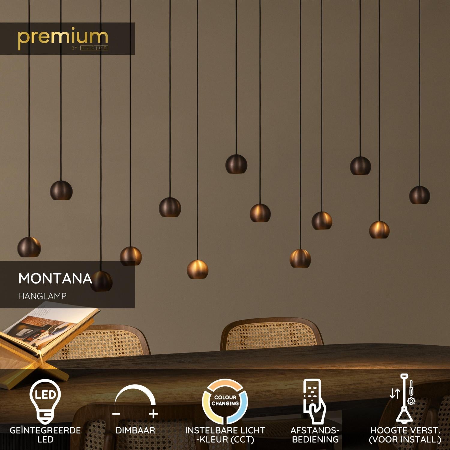 Lucide MONTANA - Hanglamp - LED Dimb. - CCT - 13x5,7W 2700K/4000K - Geschikt voor vide en hoge plafonds - Koffie | Premium - KwaliteitWonen.nl