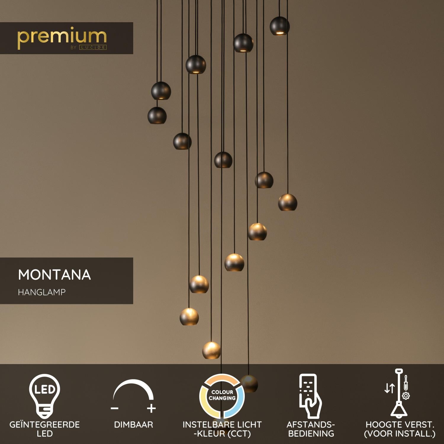 Lucide MONTANA - Hanglamp - LED Dimb. - CCT - 16x5,7W 2700K/4000K - Geschikt voor vide en hoge plafonds - Koffie | Premium - KwaliteitWonen.nl