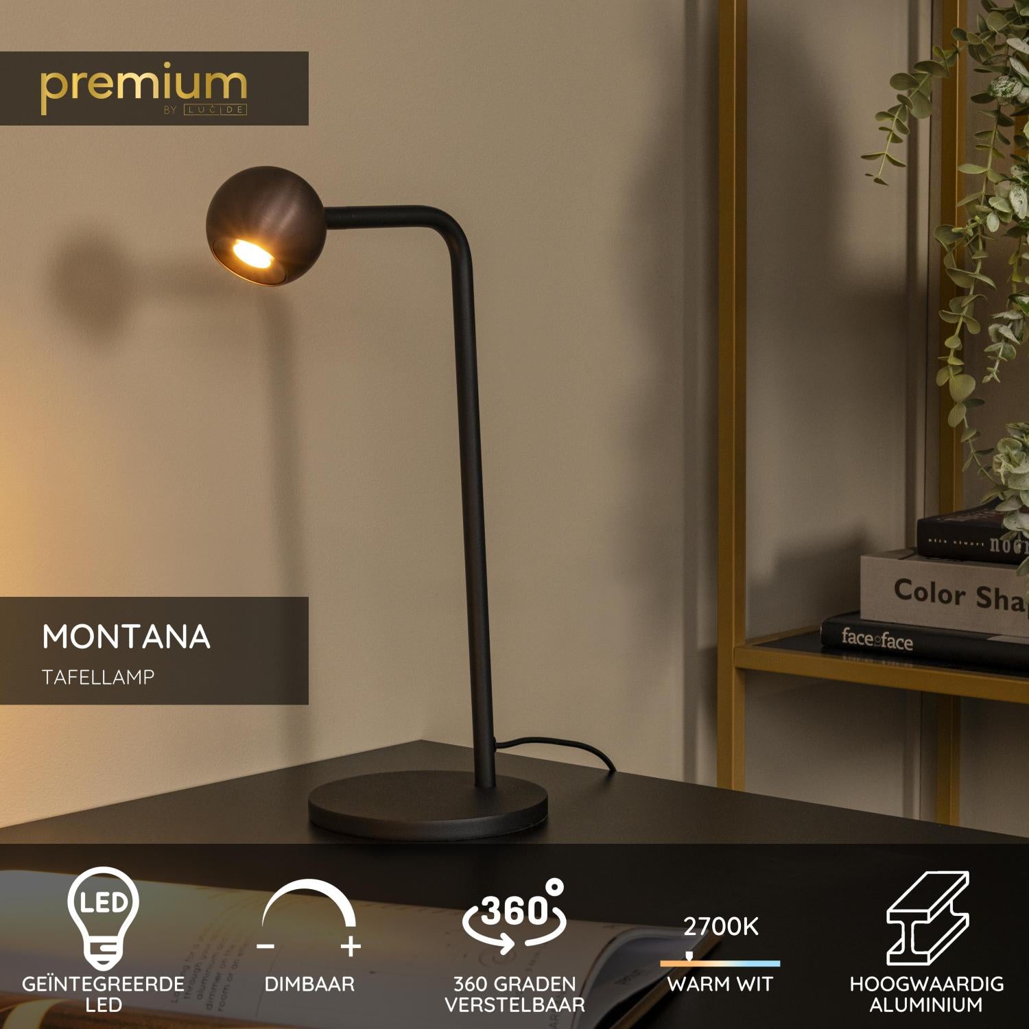 Lucide MONTANA - Tafellamp - LED Dimb. - 1x5W 2700K - Koffie | Premium - KwaliteitWonen.nl