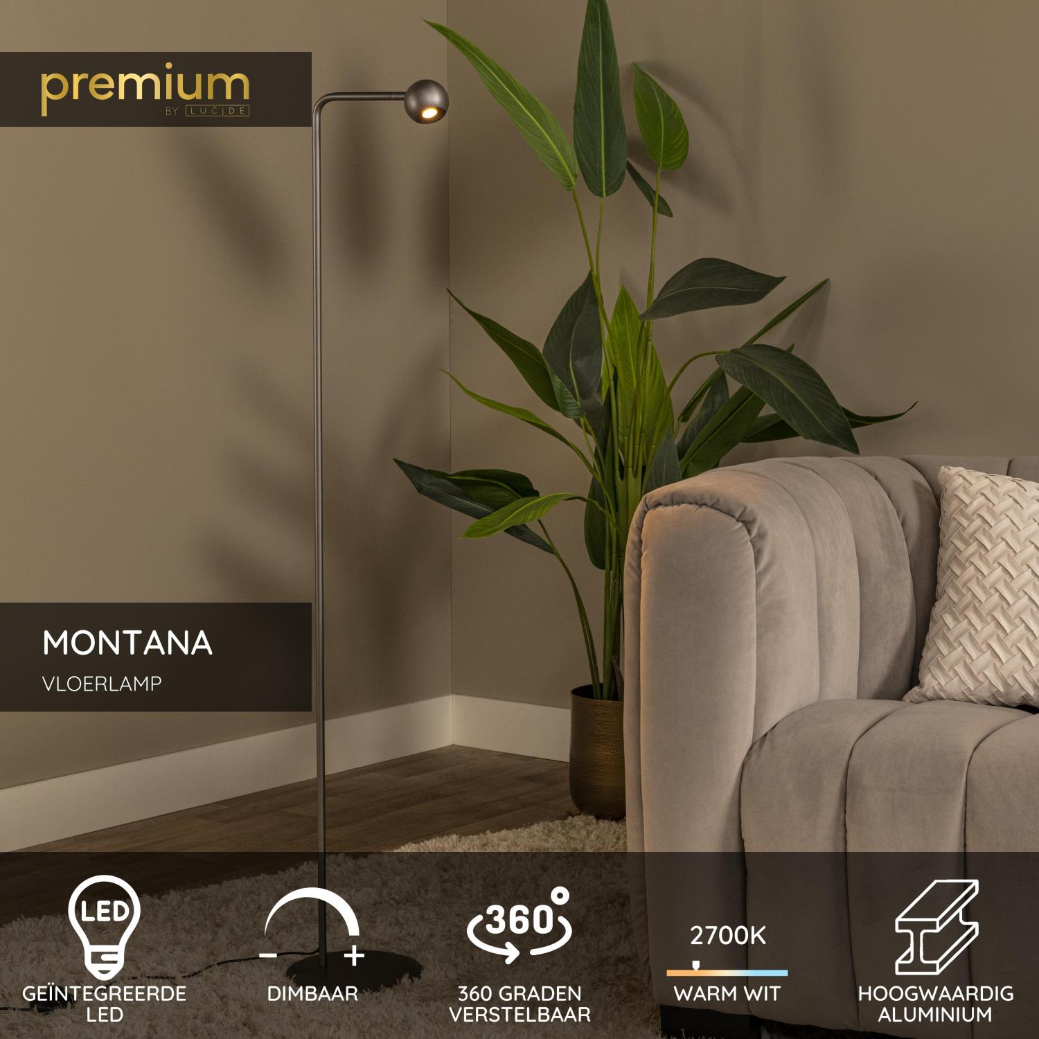 Lucide MONTANA - Vloerlamp - LED Dimb. - 1x6,3W 2700K - Grijs ijzer | Premium - KwaliteitWonen.nl